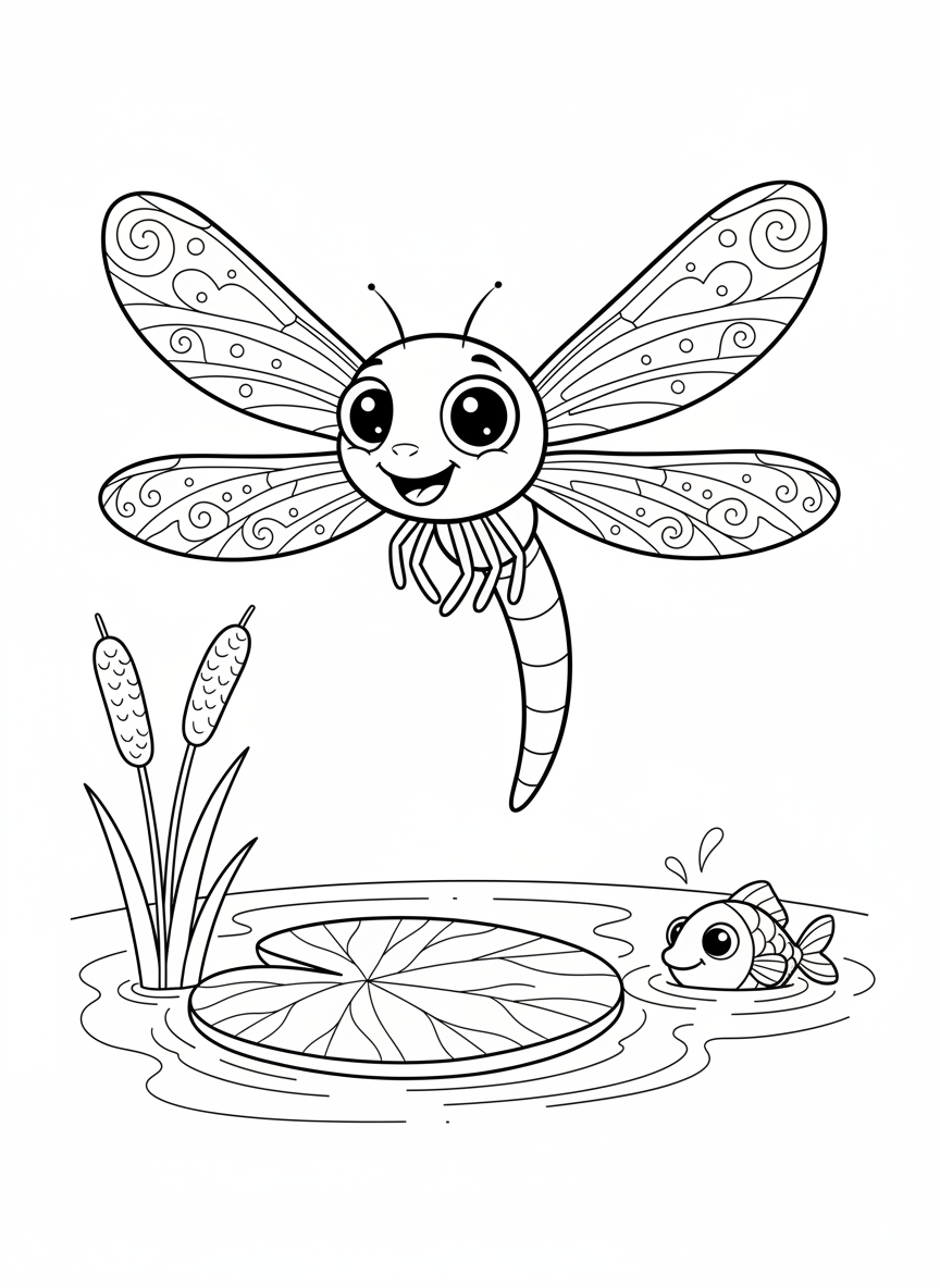 Libélula Alegre no Lago: Página para Colorir Infantil - Libélula Desenho para Colorir com Natureza e Fofo - Desenho de Contorno Grátis Imprimível