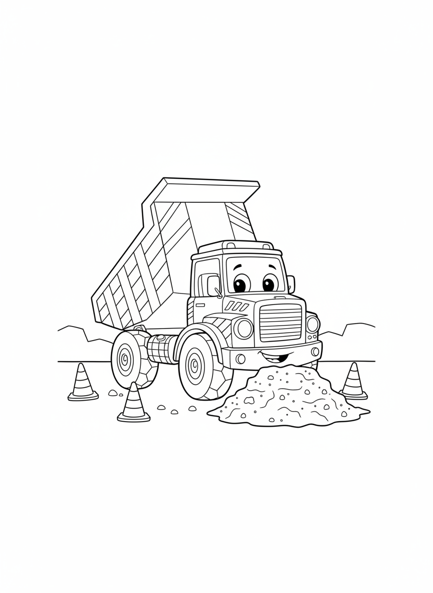 Page de Coloriage Camion Benne Joyeux - Véhicule de Construction Coloriage avec Construction et Véhicule - Dessin au Trait Gratuit Imprimable