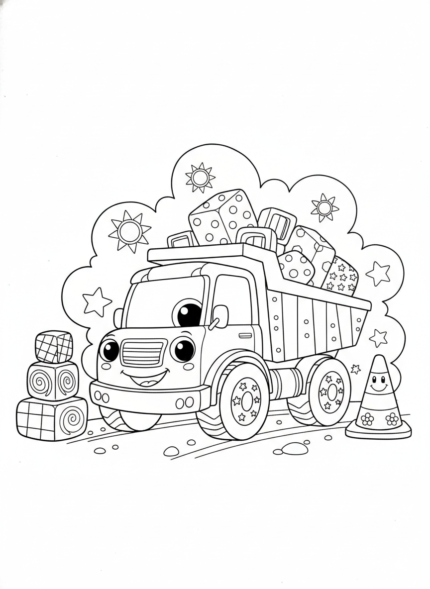Cheerful Dump Truck Fun: A Kid's Construction Coloring Page - Construction Vehicle Coloring Page featuring Truck and Construction - Free Printable Outline Drawing for Kids
