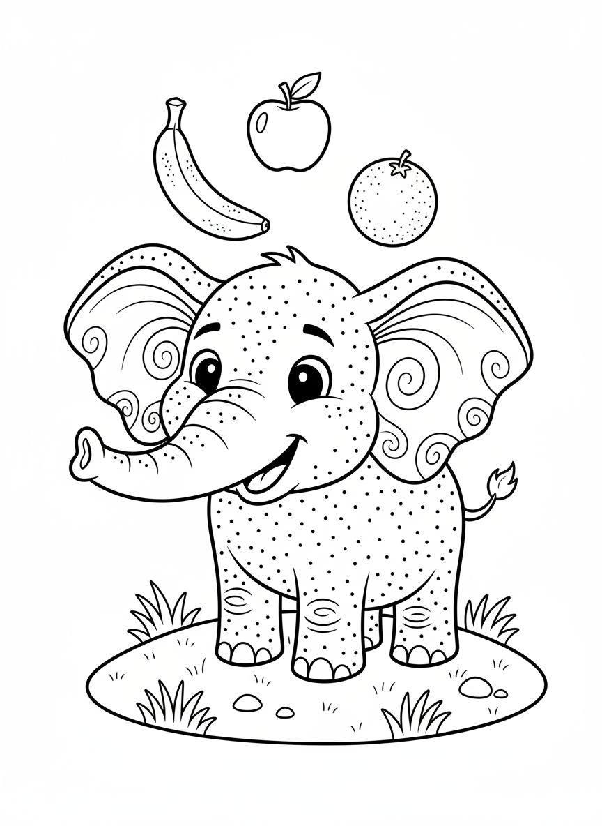 Cheerful Elephant Juggling Fruits: Fun Kids Coloring Page - Elephant Coloring Page featuring Children and Cute - Free Printable Outline Drawing for Kids