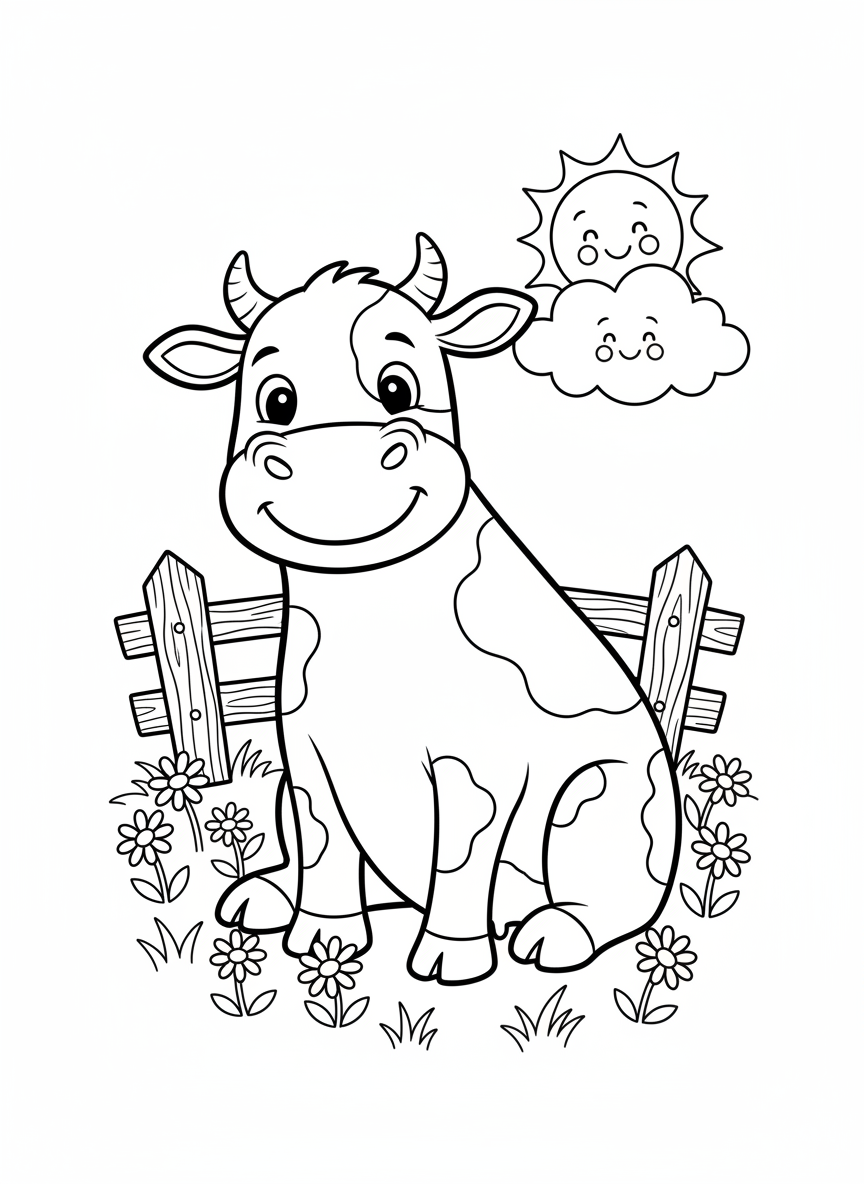 Cheerful Farm Cow Coloring Page for Kids - Farm Animal Coloring Page featuring Easy to Color and Farm - Free Printable Outline Drawing for Kids