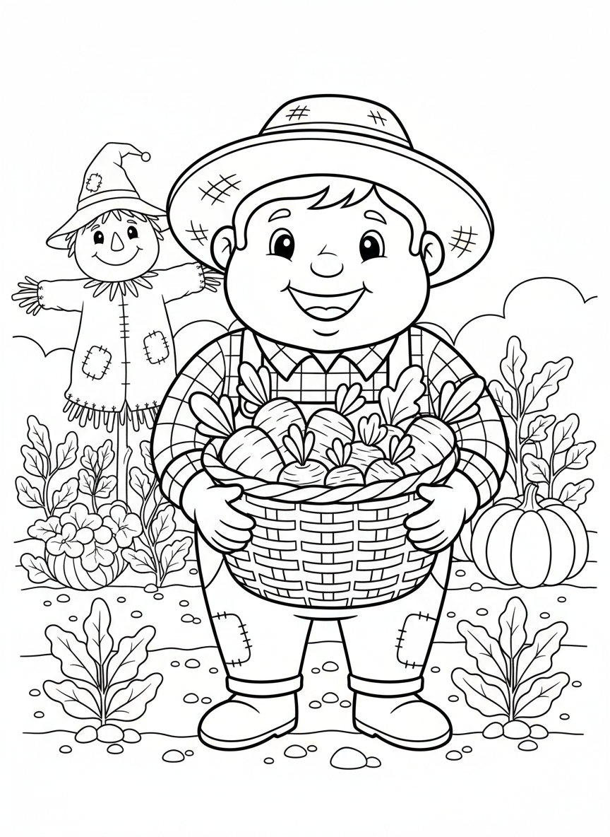Cheerful Farmer's Harvest: A Fun Coloring Page for Kids - Farmer Coloring Page featuring Happy and Children - Free Printable Outline Drawing for Kids