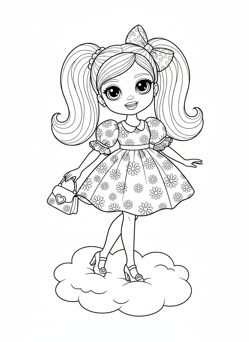 Cheerful Fashion Doll on a Cloud Coloring Page for Kids - Barbie Coloring Page featuring Easy to Color and Cute Cartoon - Free Printable Outline Drawing for Kids