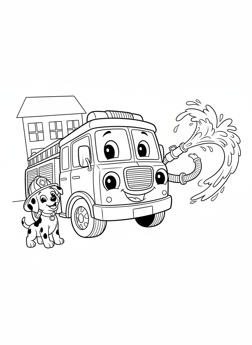 Cheerful Fire Truck & Dalmatian Coloring Page - Fire Truck Coloring Page featuring Fire Truck and Kids - Free Printable Outline Drawing for Kids