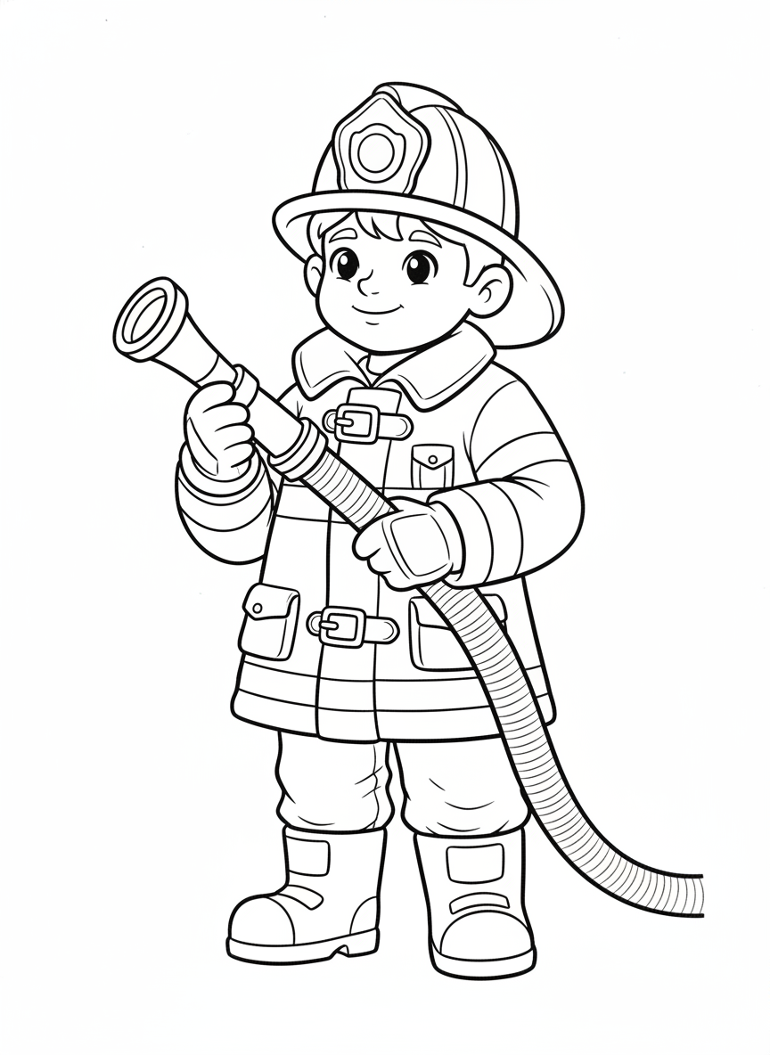 Página de Colorir Herói Bombeiro Alegre para Crianças - Ocupação Desenho para Colorir com Fácil de Colorir e Crianças - Desenho de Contorno Grátis Imprimível