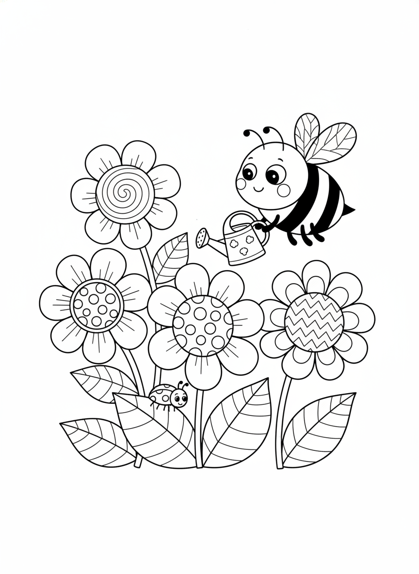 Cheerful Flower Garden Coloring Page for Kids: Bee & Ladybug Fun - Flowers Coloring Page featuring Ladybug and Flower Garden - Free Printable Outline Drawing for Kids