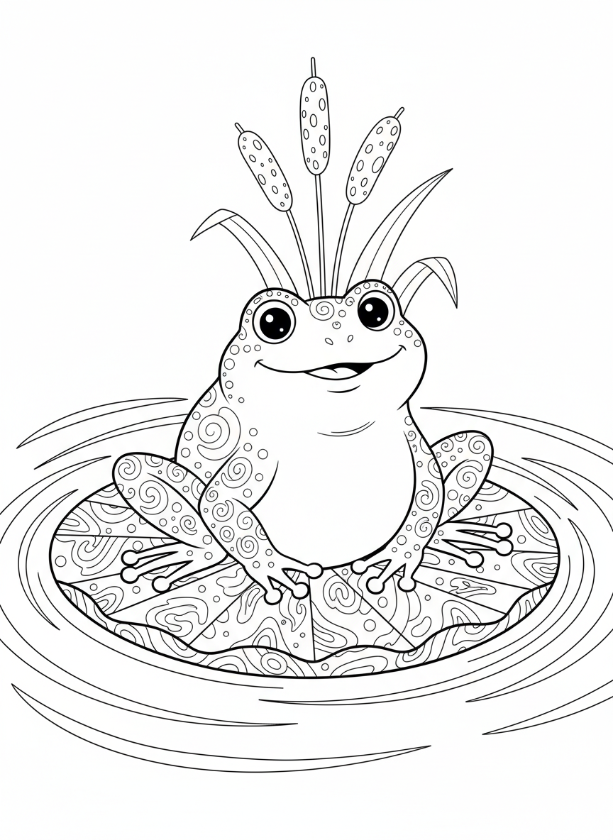 Cheerful Frog on Lily Pad: Fun Kids' Coloring Page - Frog Coloring Page featuring Easy and Nature - Free Printable Outline Drawing for Kids