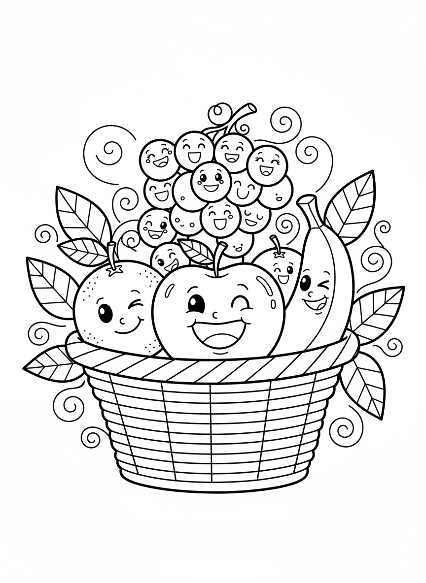 楽しいフルーツバスケットぬりえ：子供向けぬりえページ - 果物 ぬりえページ 子供とかわいい - 無料印刷可能な輪郭画