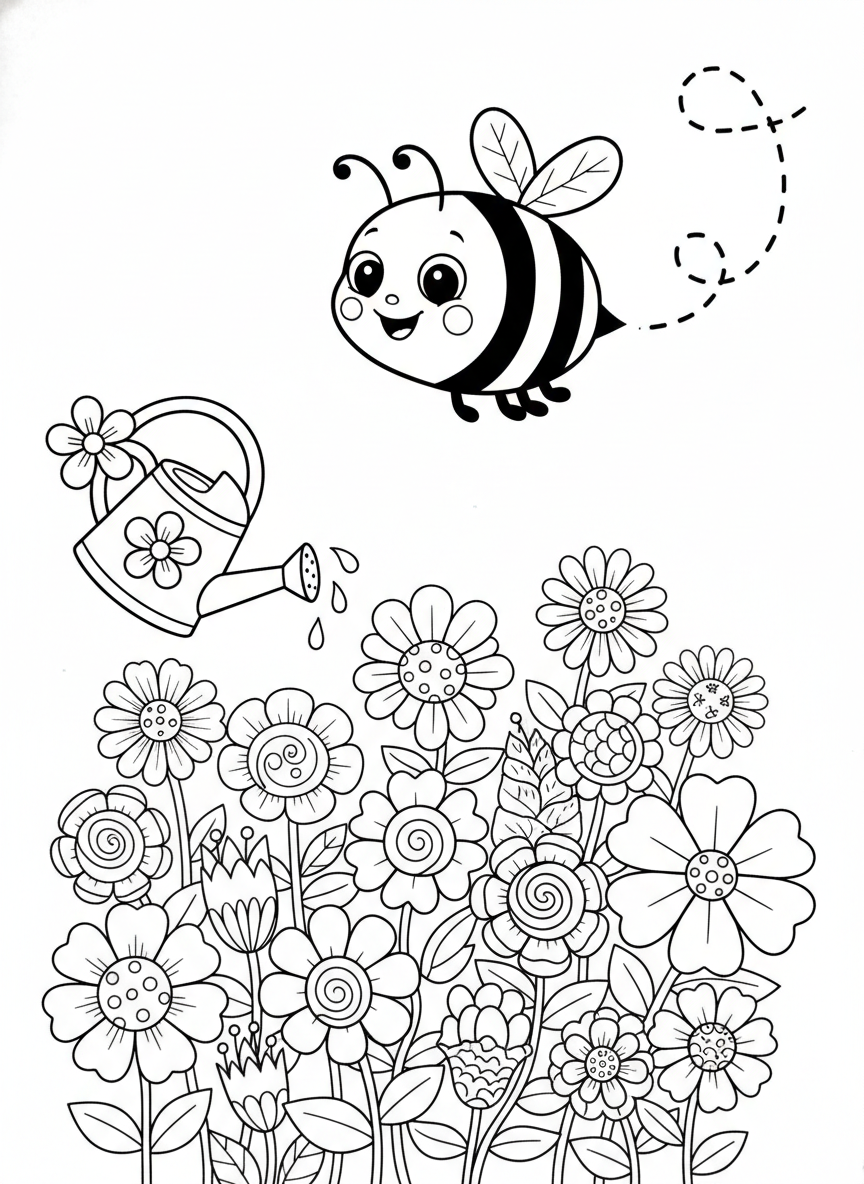 Cheerful Garden Bee & Flowers Kids Coloring Page - Bee Coloring Page featuring Garden and Kids - Free Printable Outline Drawing for Kids