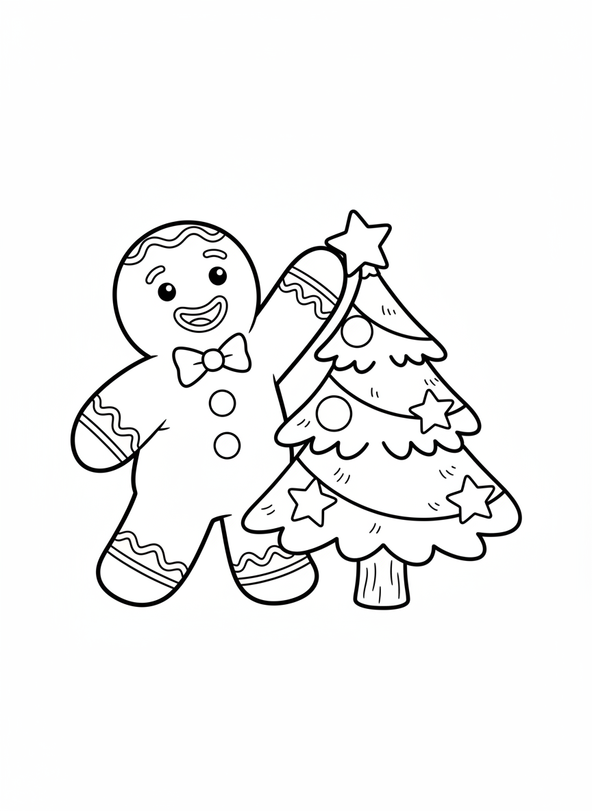 Cheerful Gingerbread Man Decorating a Christmas Tree Coloring Page - Christmas Coloring Page featuring Christmas and Christmas Tree - Free Printable Outline Drawing for Kids