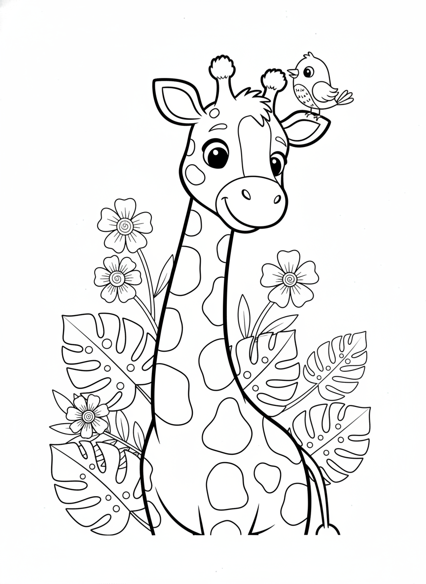 Jirafa Alegre para Colorear con Amigos de la Selva - Jirafa Dibujo para Colorear con Arte Caprichoso y Animales de la Selva - Dibujo de Contorno Gratis Imprimible