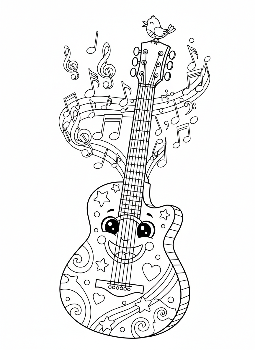 Cheerful Guitar & Singing Bird Coloring Page - Musical Instrument Coloring Page featuring Children and Cute - Free Printable Outline Drawing for Kids