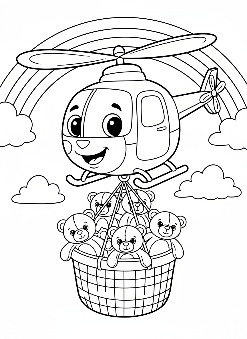 Cheerful Helicopter Carrying Teddy Bears Coloring Page - Helicopter Coloring Page featuring Cute and Rainbow - Free Printable Outline Drawing for Kids