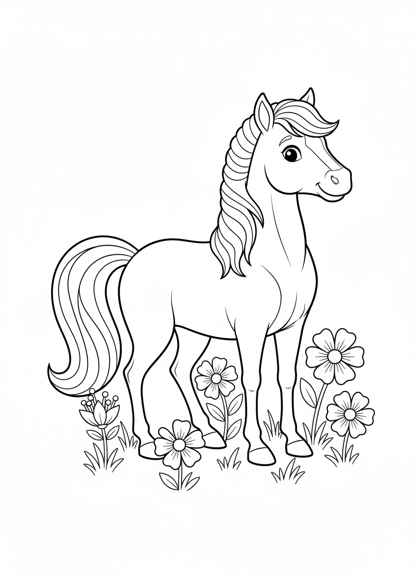 Cheerful Horse Coloring Page for Kids with Whimsical Flowers - Horse Coloring Page featuring Children and Cute - Free Printable Outline Drawing for Kids