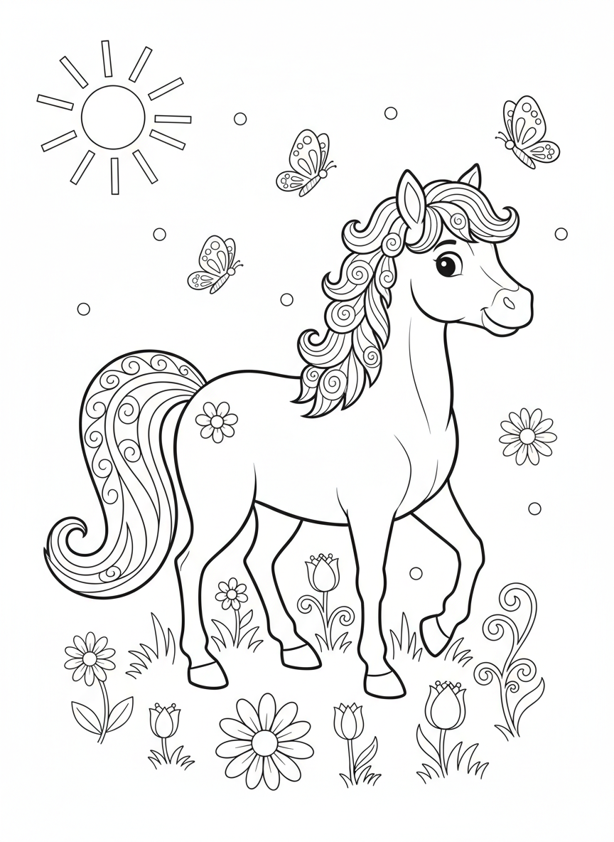 Cheerful Horse in a Meadow Coloring Page for Kids - Horse Coloring Page featuring Easy to Color and Horse - Free Printable Outline Drawing for Kids
