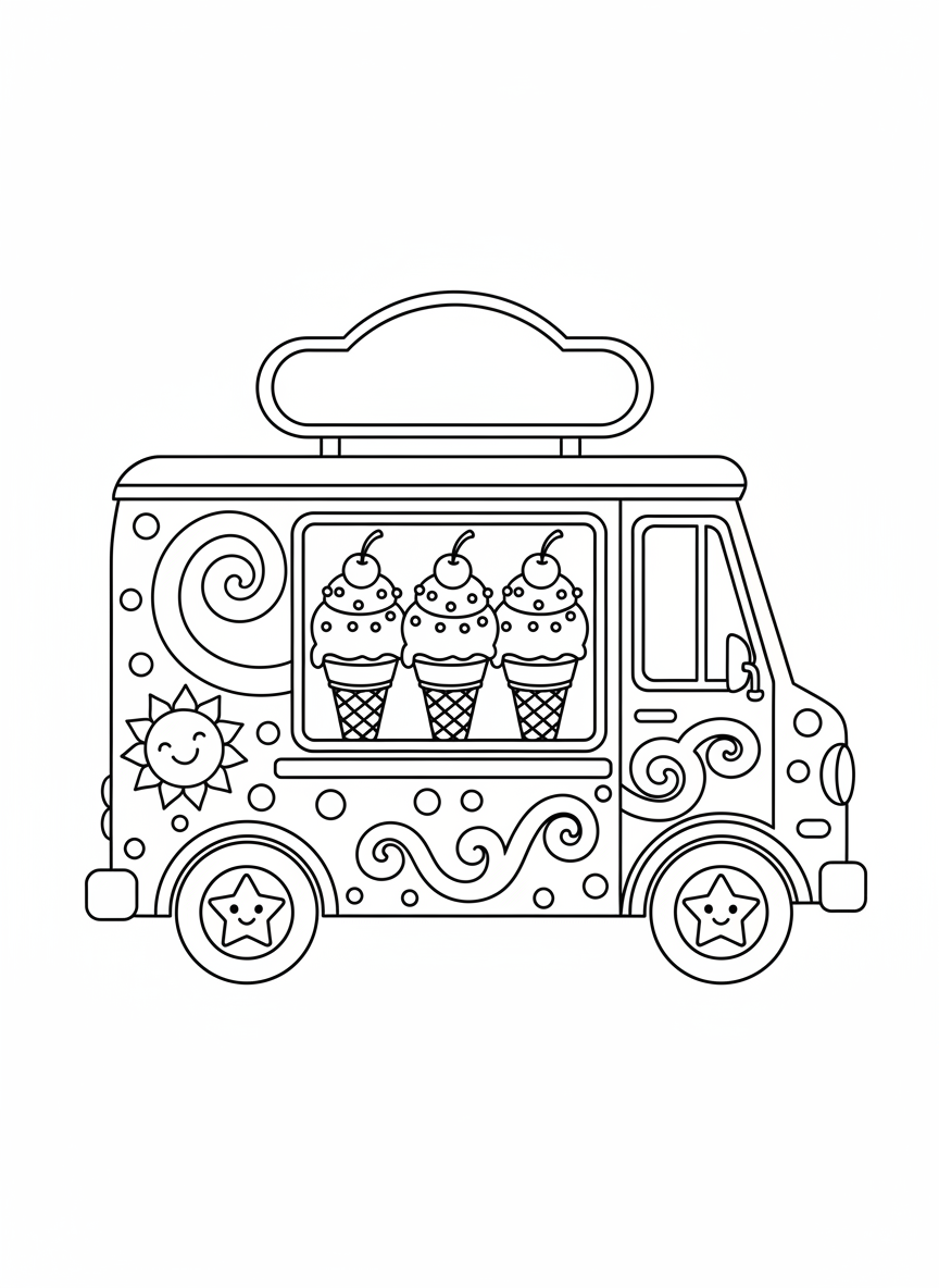 Fröhlicher Eiswagen: Ausmalbild für Kinder - Eiswagen Malvorlage mit LKW und Kinder - Kostenlose Druckbare Umrisszeichnung