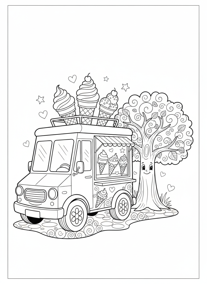 Cheerful Ice Cream Truck Fun Coloring Page for Kids - Ice Cream Truck Coloring Page featuring Truck and Easy to Color - Free Printable Outline Drawing for Kids