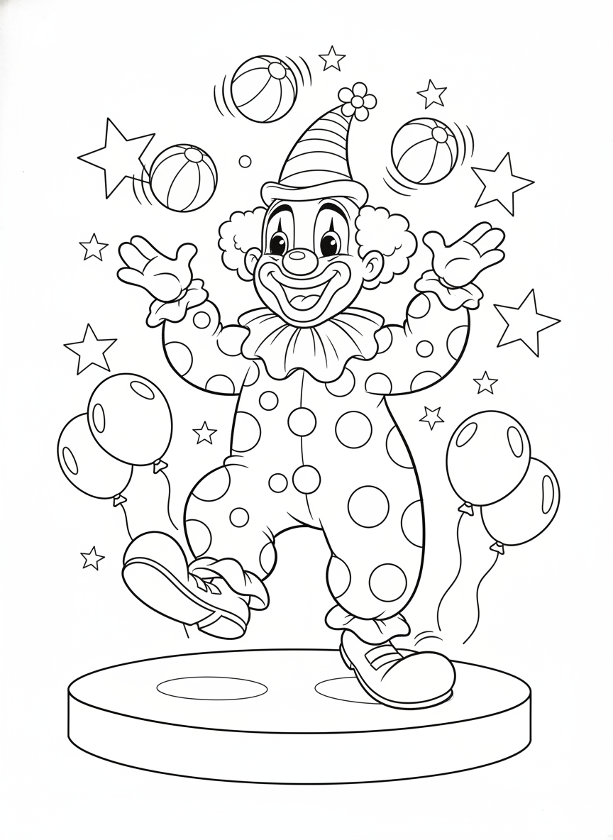 Cheerful Juggling Clown Coloring Page for Kids - Clown Coloring Page featuring Children and Circus - Free Printable Outline Drawing for Kids