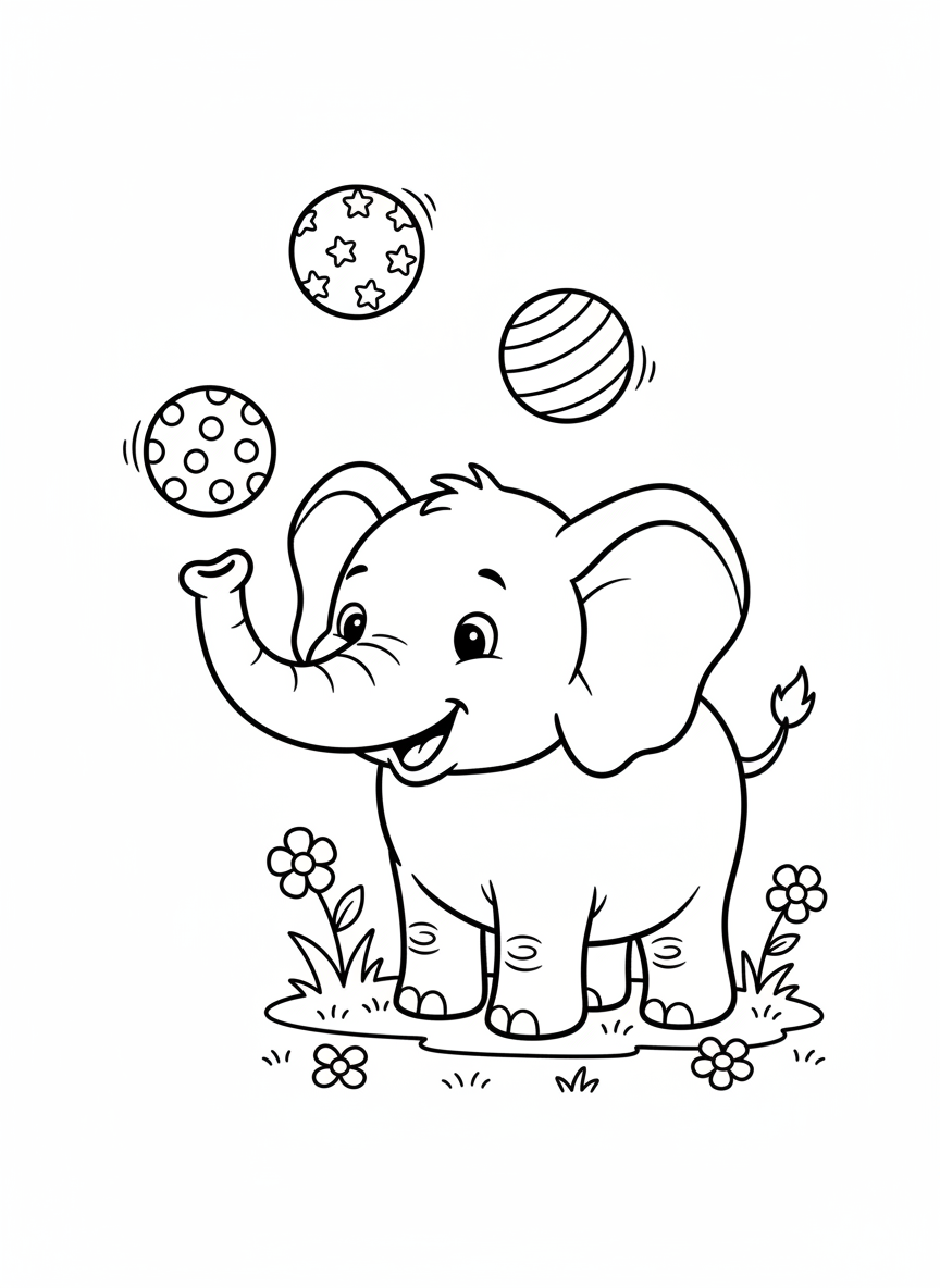 Cheerful Juggling Elephant Coloring Page for Kids - Elephant Coloring Page featuring Happy and Children - Free Printable Outline Drawing for Kids