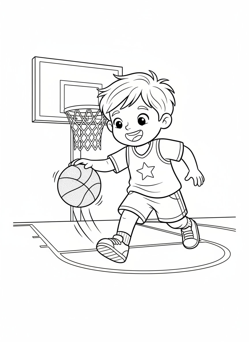 Cheerful Kid Dribbling Basketball Coloring Page - Sports Player Coloring Page featuring Easy to Color and Cute - Free Printable Outline Drawing for Kids
