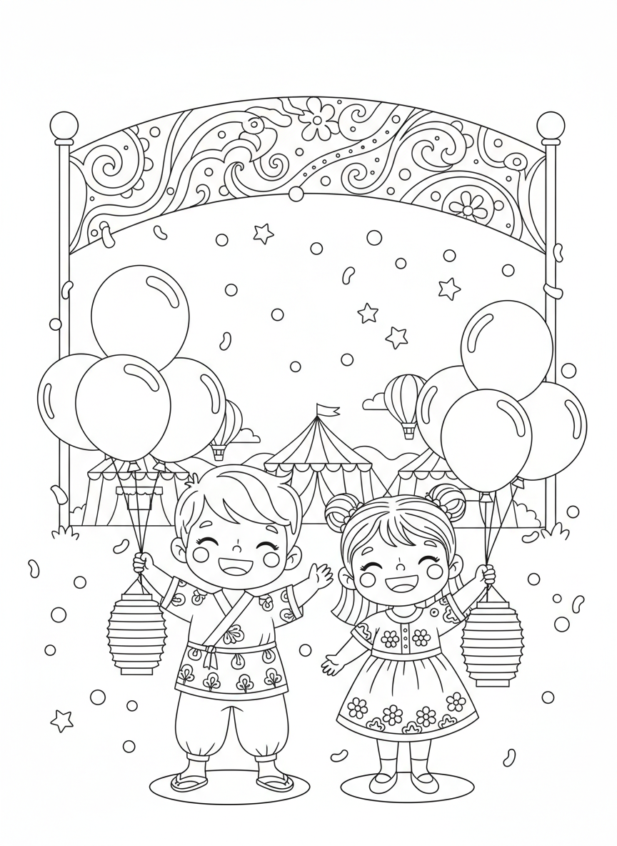 Cheerful Kids Festival: Balloons & Confetti Coloring Page - Festival Celebration Coloring Page featuring Cute and Children - Free Printable Outline Drawing for Kids