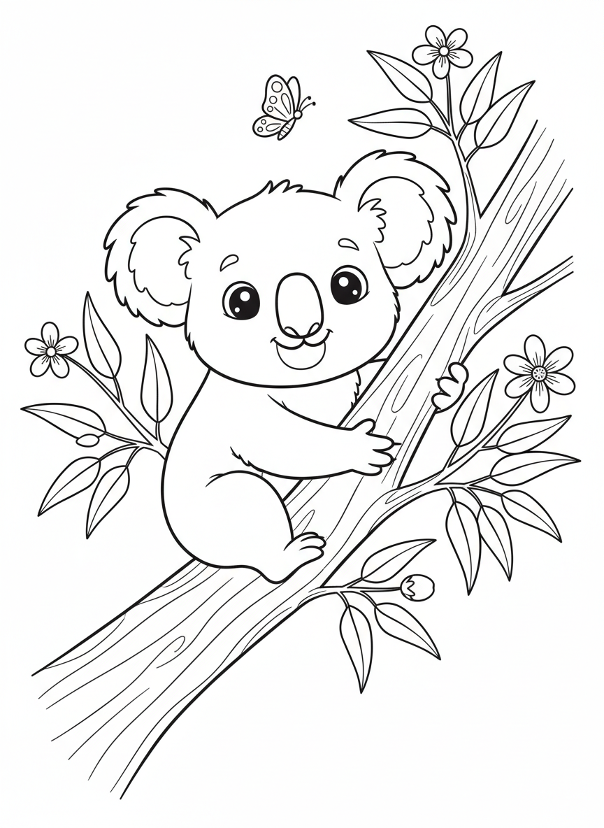 Cheerful Koala Hugging Eucalyptus Branch Coloring Page - Koala Coloring Page featuring Easy to Color and Cute Animals - Free Printable Outline Drawing for Kids