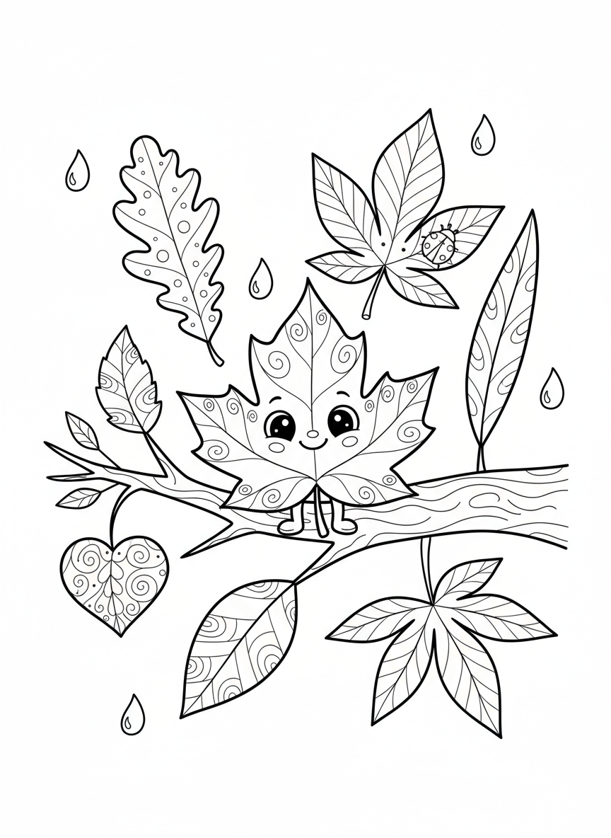 Cheerful Leaf Character Coloring Page: A Nature-Inspired Adventure - Autumn Coloring Page featuring Nature and Cute - Free Printable Outline Drawing for Kids
