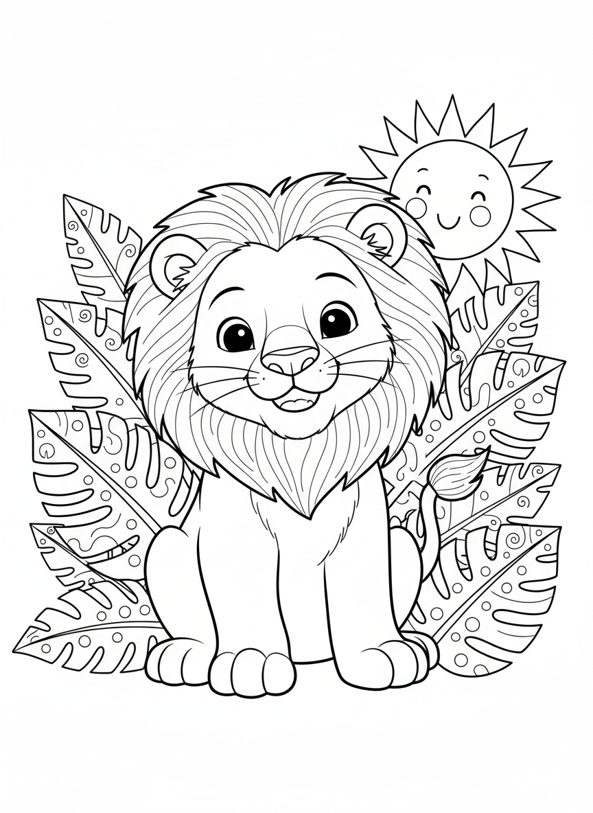 Cheerful Lion Cub in Jungle Fun Coloring Page for Kids - Lion Coloring Page featuring Cute and Jungle - Free Printable Outline Drawing for Kids