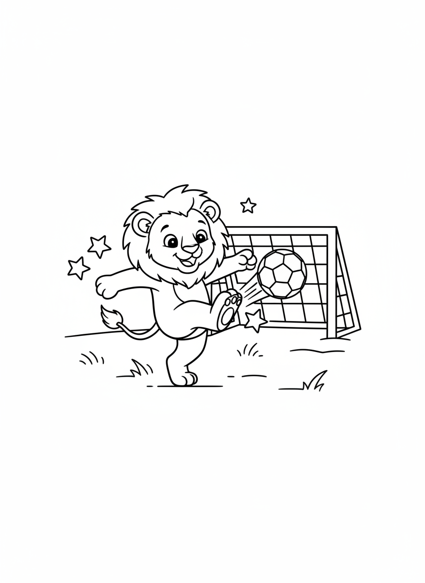 Cheerful Lion Cub Soccer Coloring Page for Kids - Lion Coloring Page featuring Children and Lion - Free Printable Outline Drawing for Kids