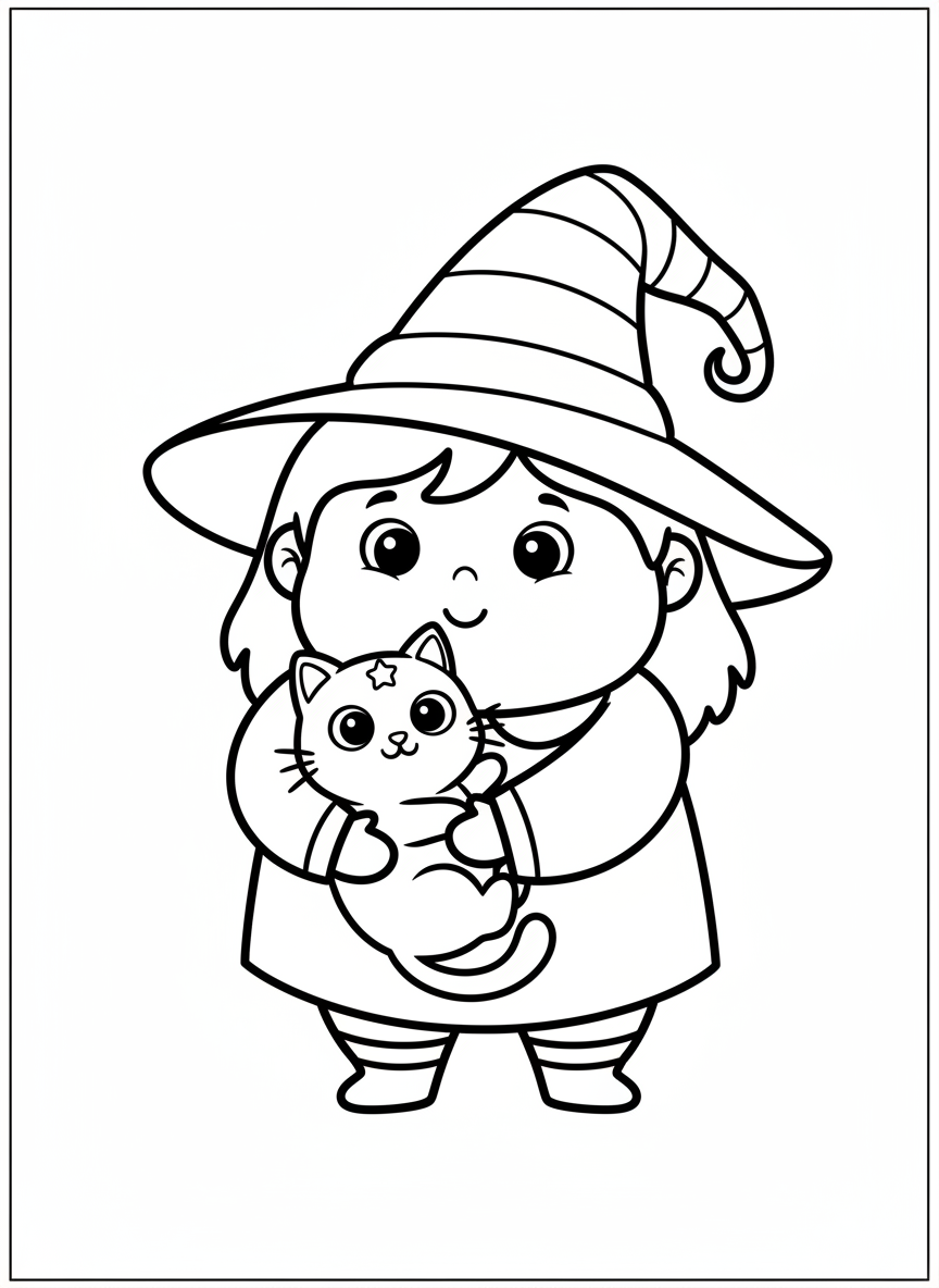 Cheerful Little Witch with Her Cute Black Cat Coloring Page for Kids - Witch Coloring Page featuring Fantasy and Cute Witch - Free Printable Outline Drawing for Kids