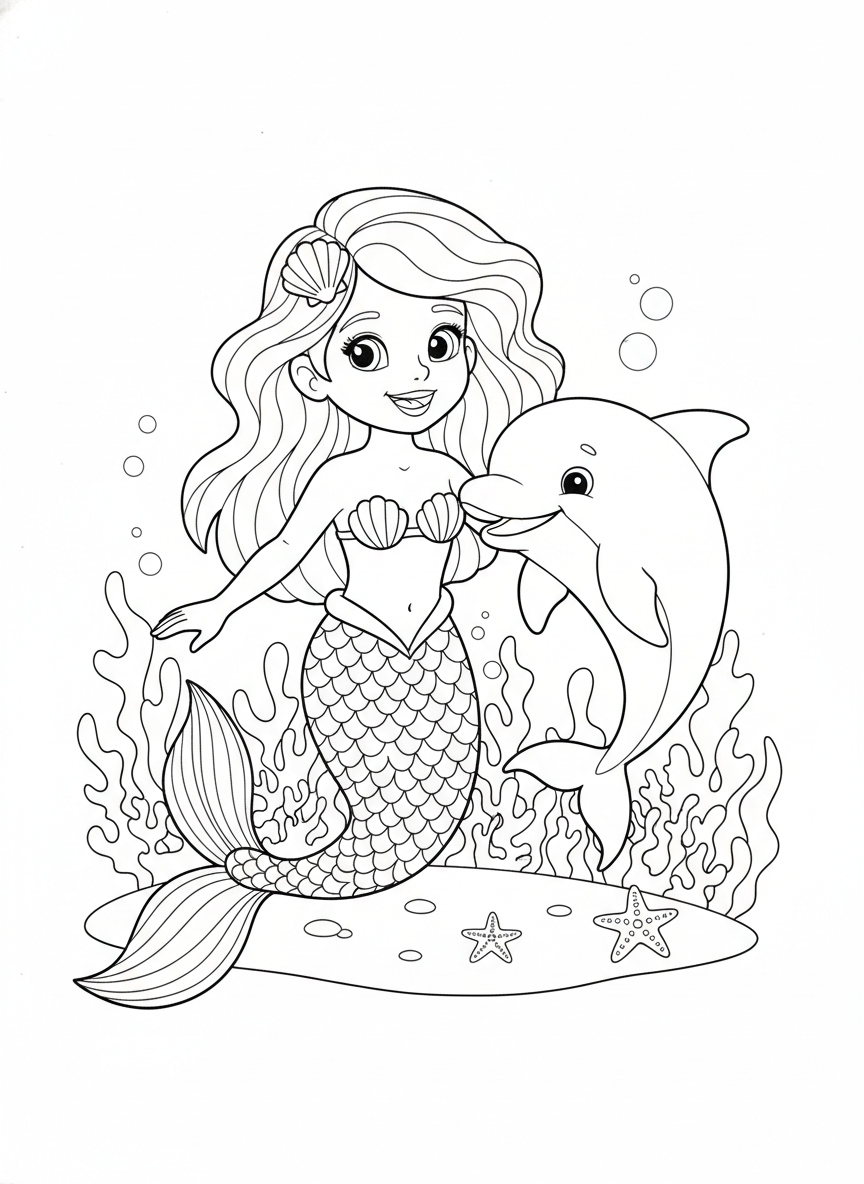 Cheerful Mermaid & Friendly Dolphin Underwater Coloring Page for Kids - Ocean Animal Coloring Page featuring Dolphin and Children - Free Printable Outline Drawing for Kids