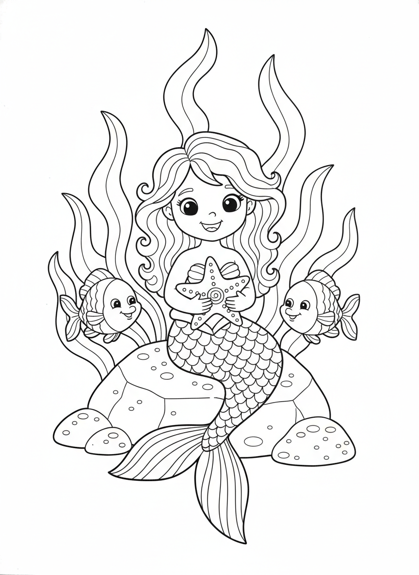 Cheerful Mermaid & Friends Underwater Coloring Page for Kids - Ocean Animal Coloring Page featuring Children and Cute - Free Printable Outline Drawing for Kids