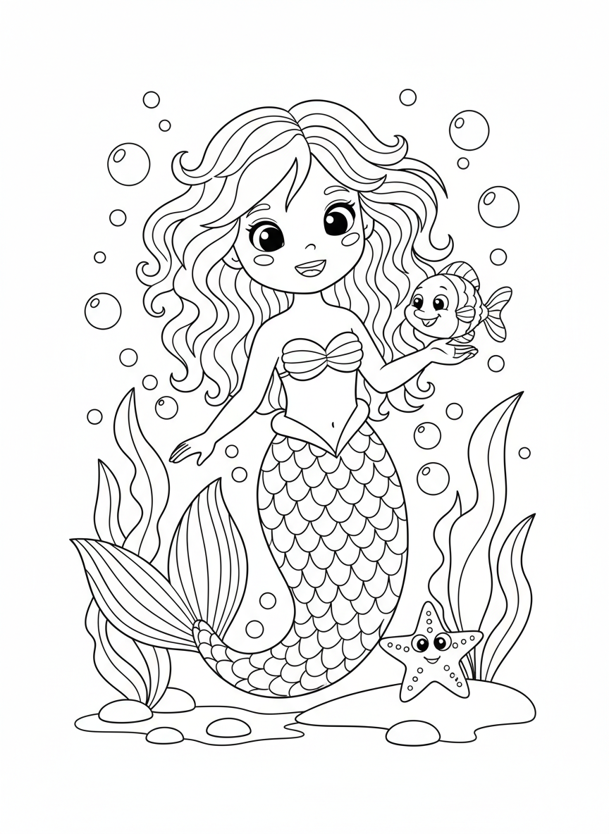 Cheerful Mermaid & Ocean Friends Coloring Page for Kids - Ocean Animal Coloring Page featuring Ocean and Cute - Free Printable Outline Drawing for Kids