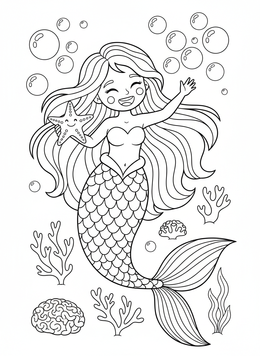 Cheerful Mermaid & Starfish Kids Coloring Page - Ocean Animal Coloring Page featuring Ocean and Cute - Free Printable Outline Drawing for Kids