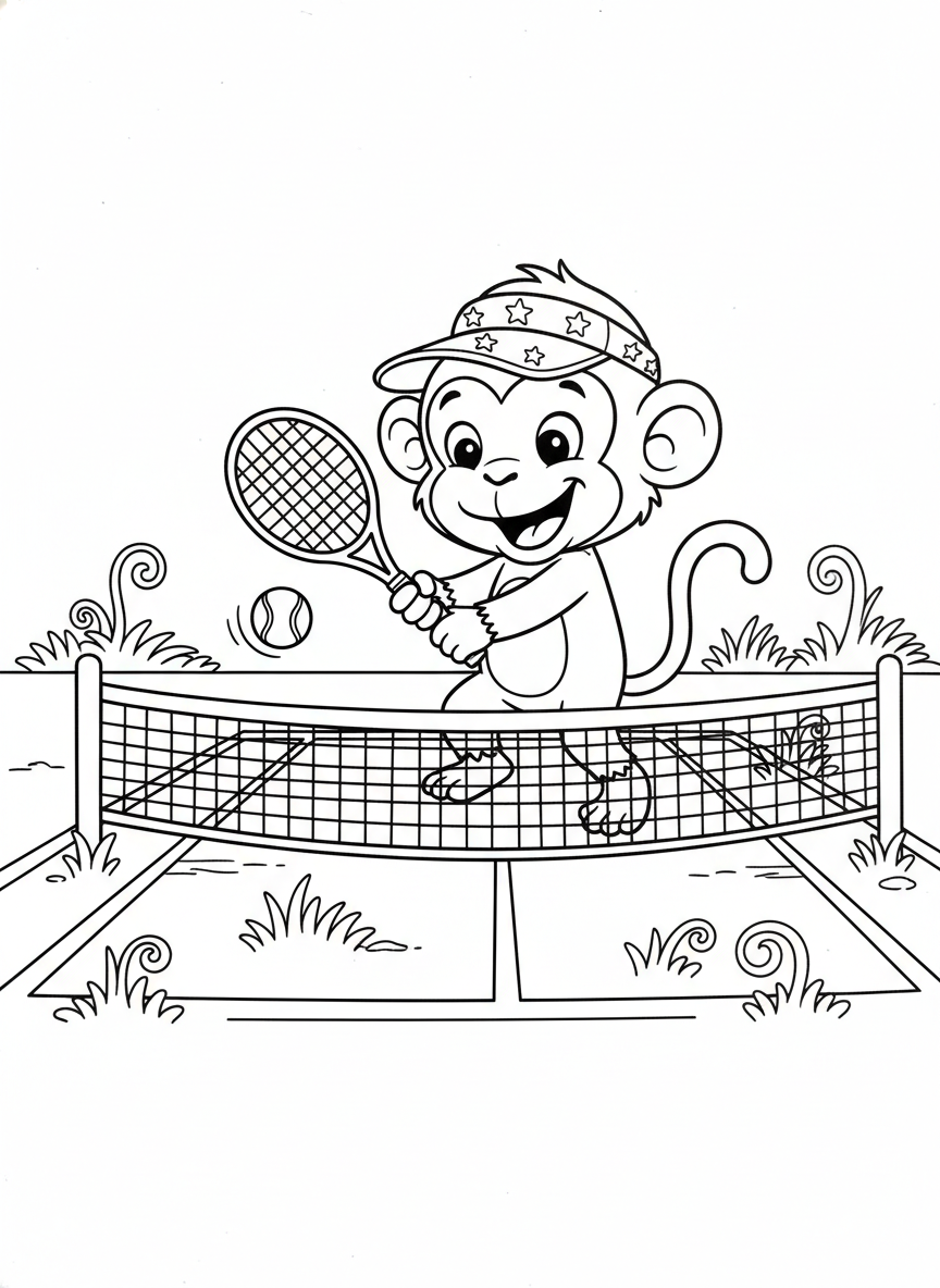 Página de Colorir: Macaco Alegre Jogando Tênis - Macaco Desenho para Colorir com Fácil de Colorir e Macaco - Desenho de Contorno Grátis Imprimível