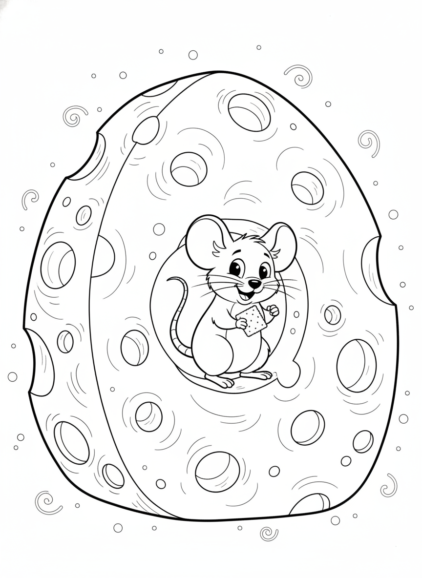 Ratinho Alegre em Labirinto Gigante de Queijo Suíço para Colorir - Rato Desenho para Colorir com Fofo e Crianças - Desenho de Contorno Grátis Imprimível