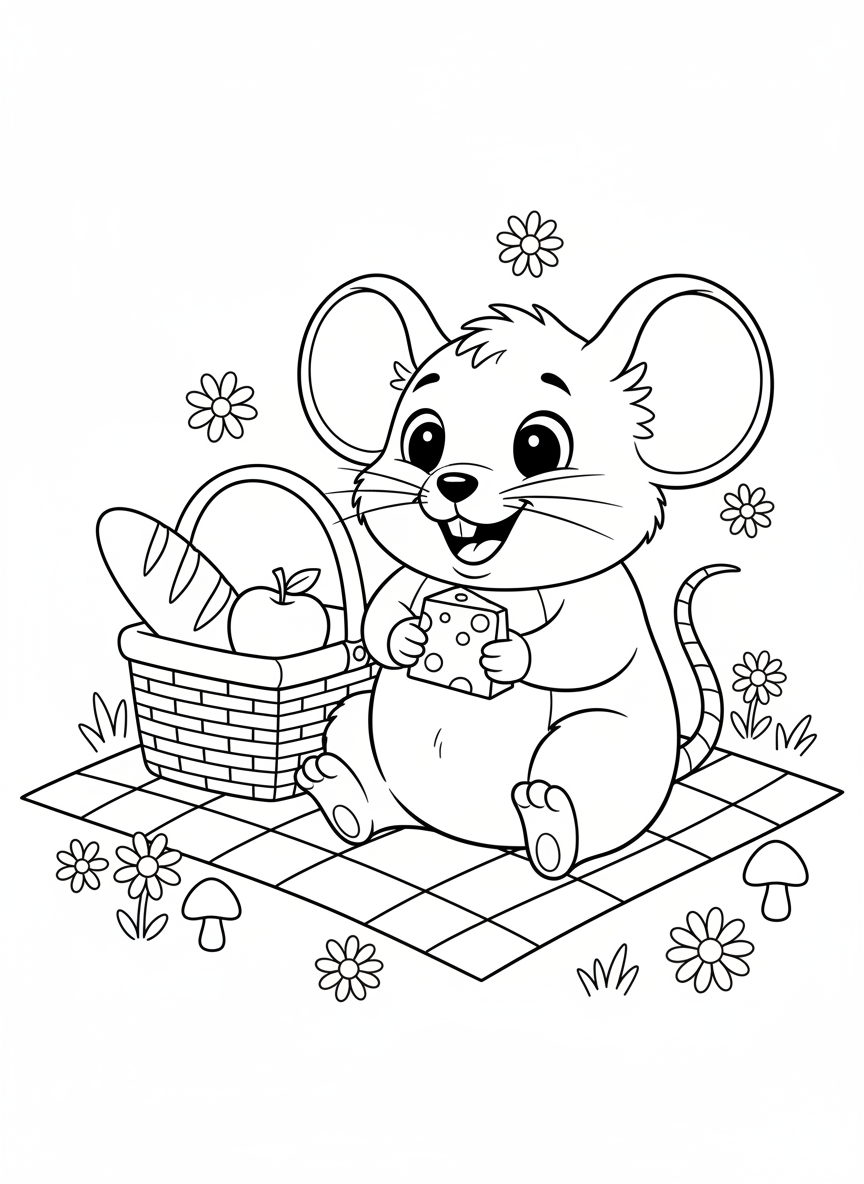 Cheerful Mouse Picnic: Fun Coloring Page for Kids - Mouse Coloring Page featuring Picnic and Children - Free Printable Outline Drawing for Kids