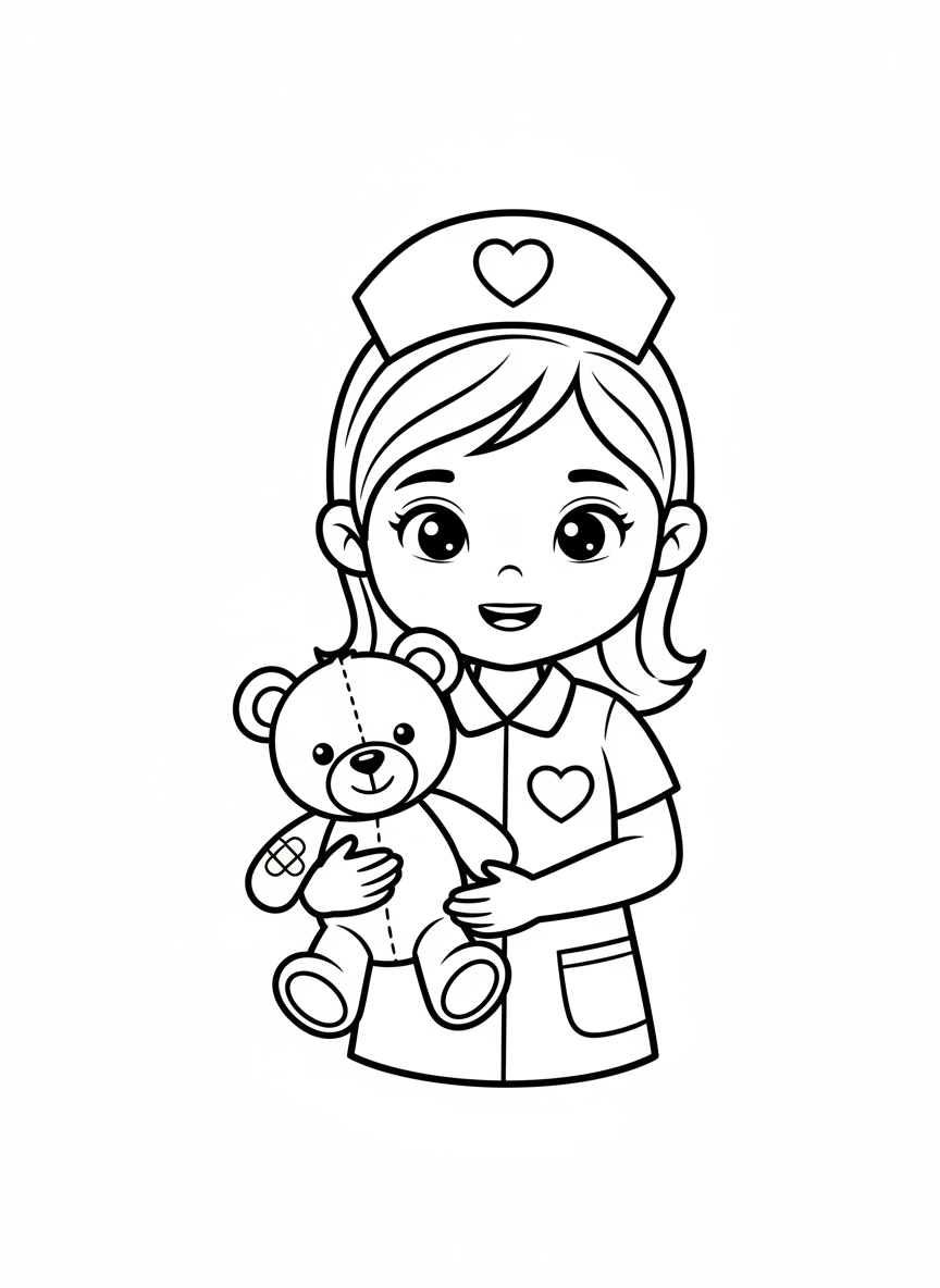 Cheerful Nurse & Teddy Bear Patient Coloring Page for Kids - Occupation Coloring Page featuring Children and Nurse - Free Printable Outline Drawing for Kids