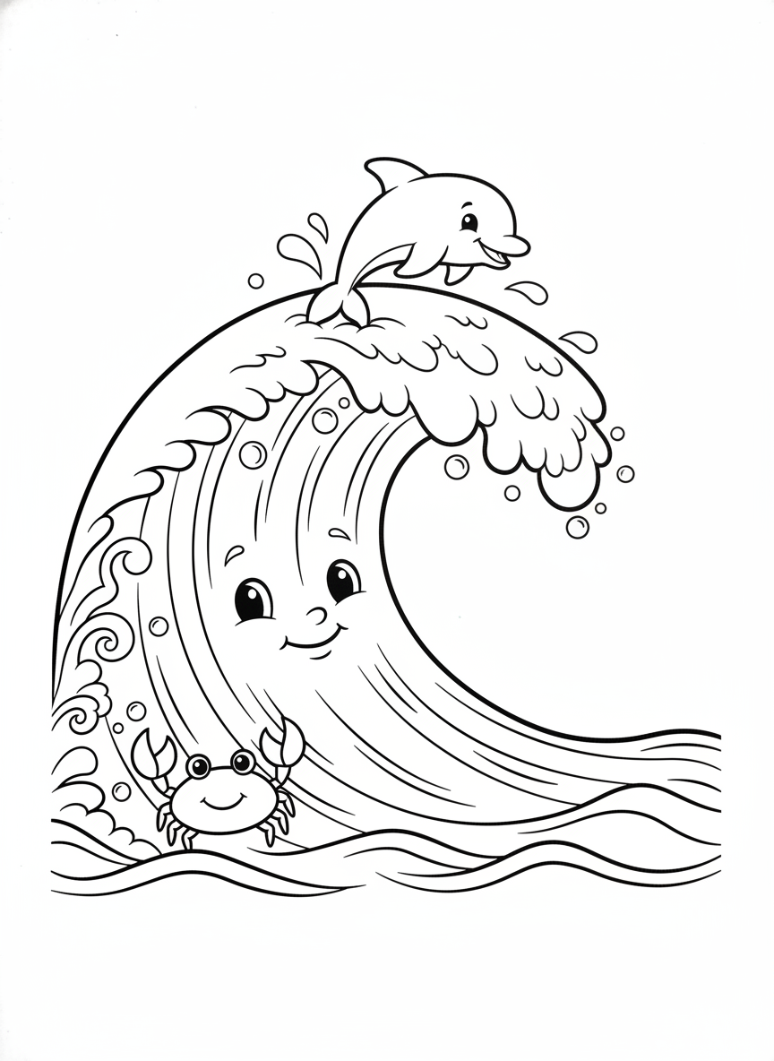 Cheerful Ocean Wave Coloring Page with Dolphin and Crab - Ocean Animal Coloring Page featuring Happy and Ocean - Free Printable Outline Drawing for Kids