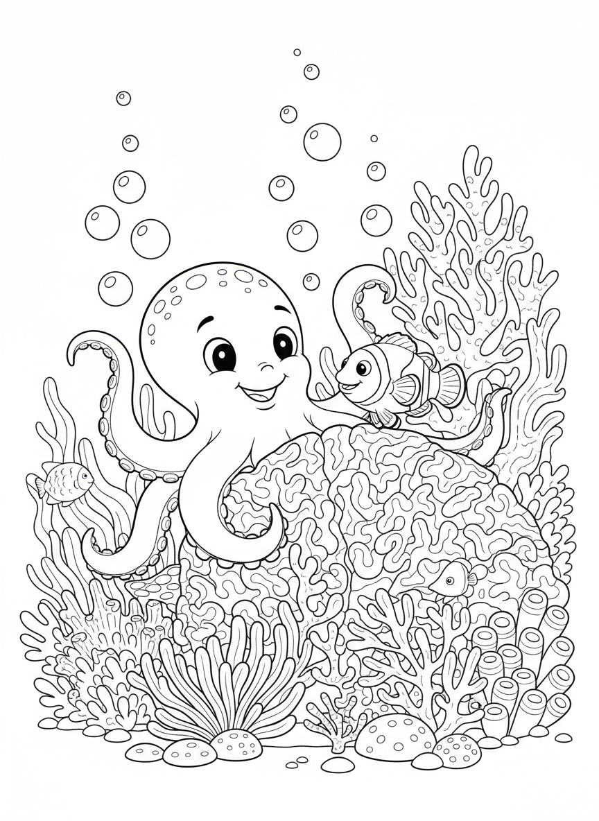Cheerful Octopus & Clownfish Hide-and-Seek in Coral Reef Coloring Page - Ocean Animal Coloring Page featuring Easy to Color and Cute - Free Printable Outline Drawing for Kids