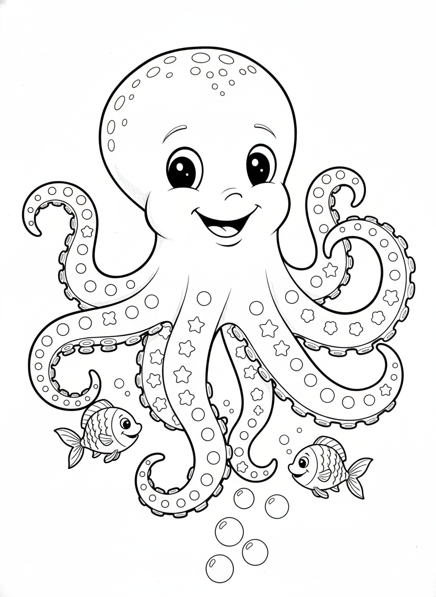 Fröhlicher Oktopus & Fische Malvorlage für Kinder - Meerestier Malvorlage mit Ozean und Kinder - Kostenlose Druckbare Umrisszeichnung