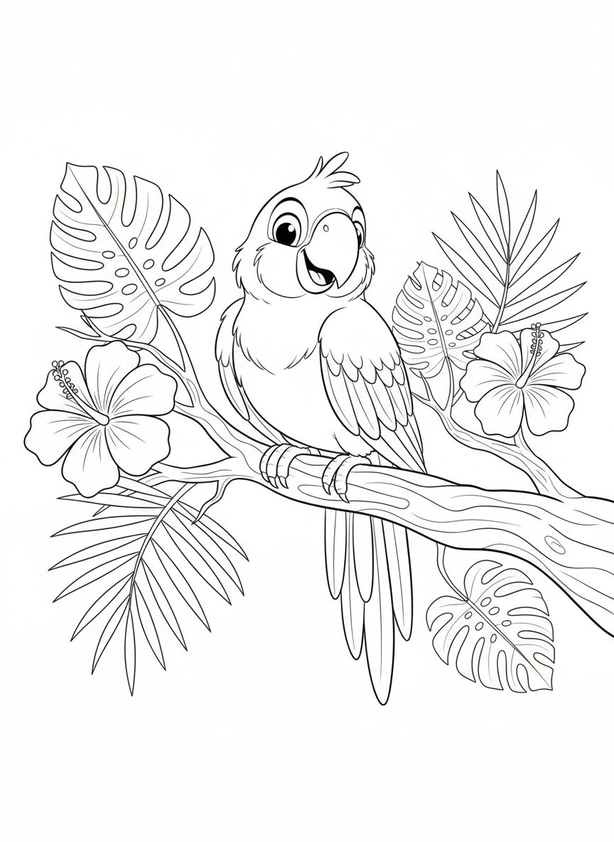 Cheerful Parrot Tropical Coloring Page for Kids - Bird Coloring Page featuring Parrot and Tropical - Free Printable Outline Drawing for Kids