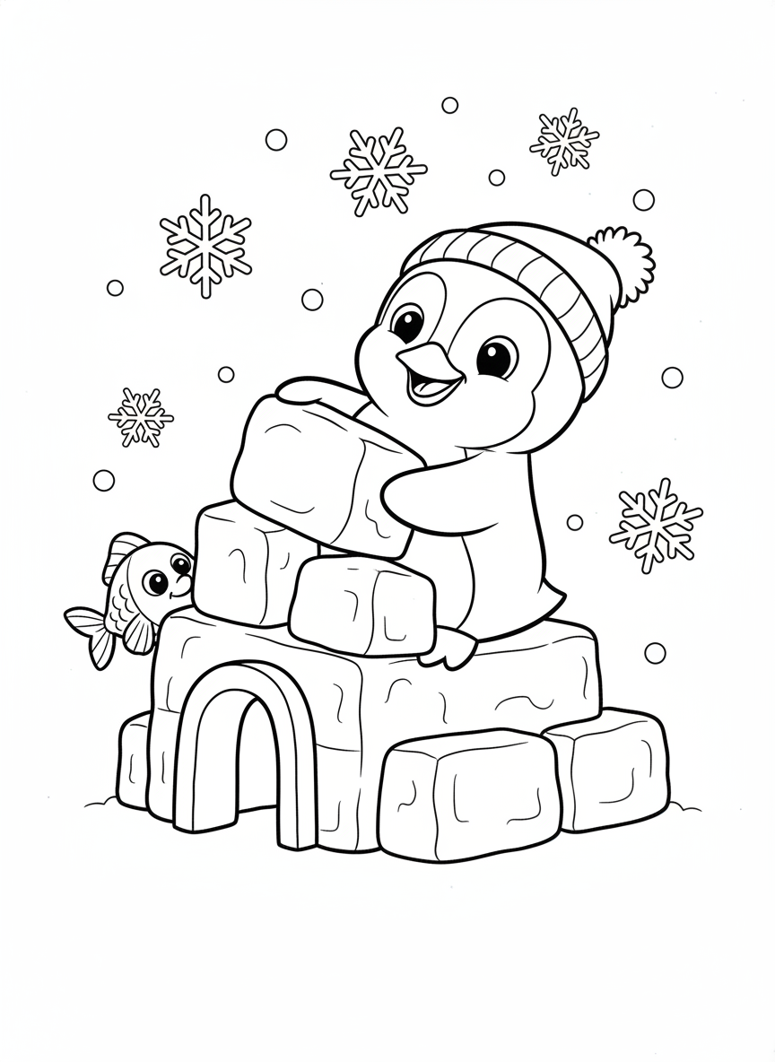 Cheerful Penguin Building a Snow Fort Coloring Page - Penguin Coloring Page featuring Penguin and Playful - Free Printable Outline Drawing for Kids