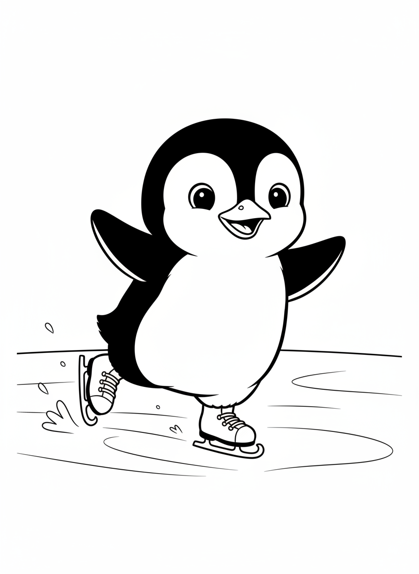 Cheerful Penguin Ice Skating Coloring Page - Penguin Coloring Page featuring Happy and Children - Free Printable Outline Drawing for Kids