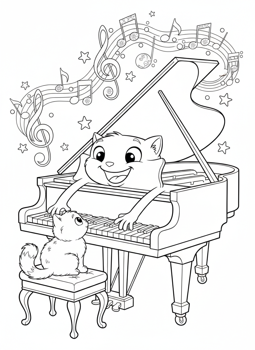 Cheerful Piano and Kitten: A Musical Adventure Coloring Page - Musical Instrument Coloring Page featuring Children and Cute - Free Printable Outline Drawing for Kids