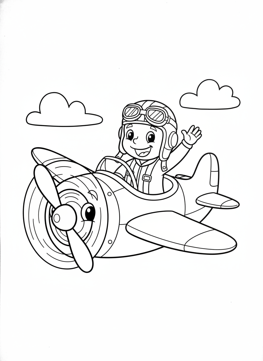 Page de Coloriage Aventure Aérienne: Pilote Joyeux - Avion Coloriage avec Enfants et Mignon - Dessin au Trait Gratuit Imprimable