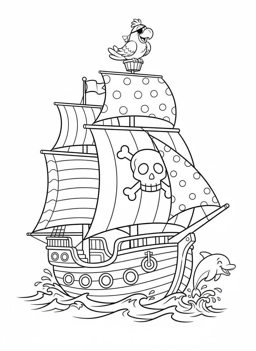 陽気な海賊船の冒険ぬりえ - 海賊 ぬりえページ 海賊船と海の冒険 - 無料印刷可能な輪郭画