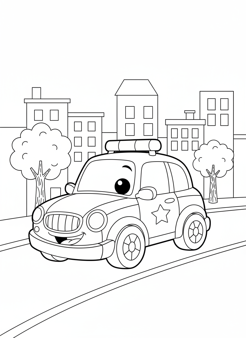 Cheerful Police Car Adventure: Kids' City Street Coloring Page - Car Coloring Page featuring Happy and Easy to Color - Free Printable Outline Drawing for Kids