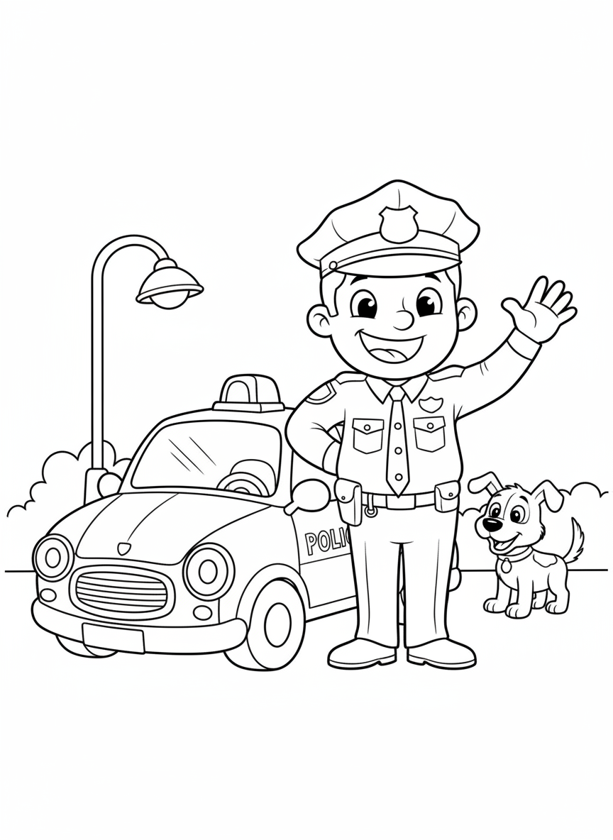 Cheerful Police Officer & Cute Car Coloring Page - Police Car Coloring Page featuring Police and Dog - Free Printable Outline Drawing for Kids