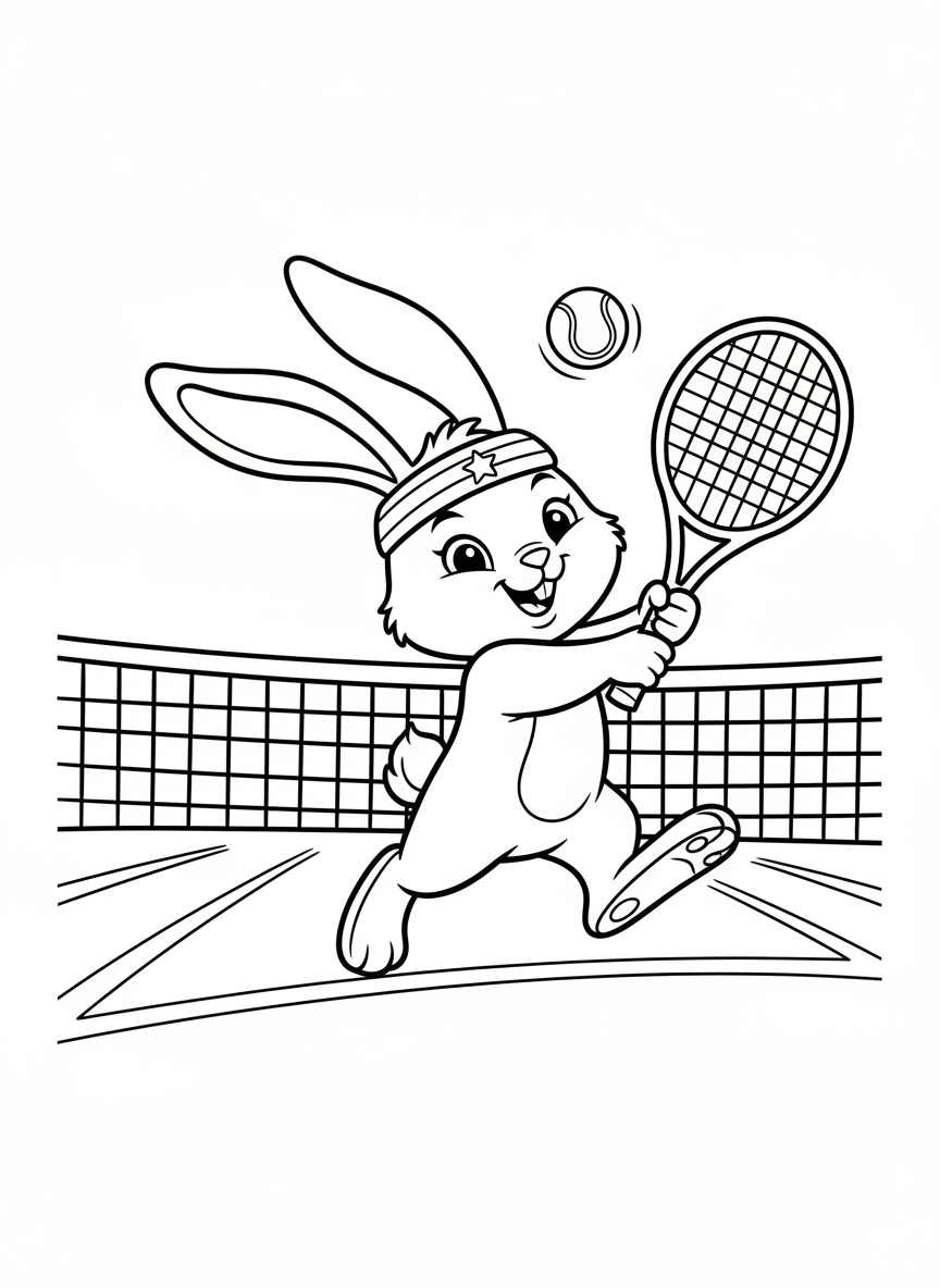 Coelho Alegre Jogando Tênis: Uma Página de Colorir Divertida para Crianças - Coelho Desenho para Colorir com Crianças e Fofo - Desenho de Contorno Grátis Imprimível